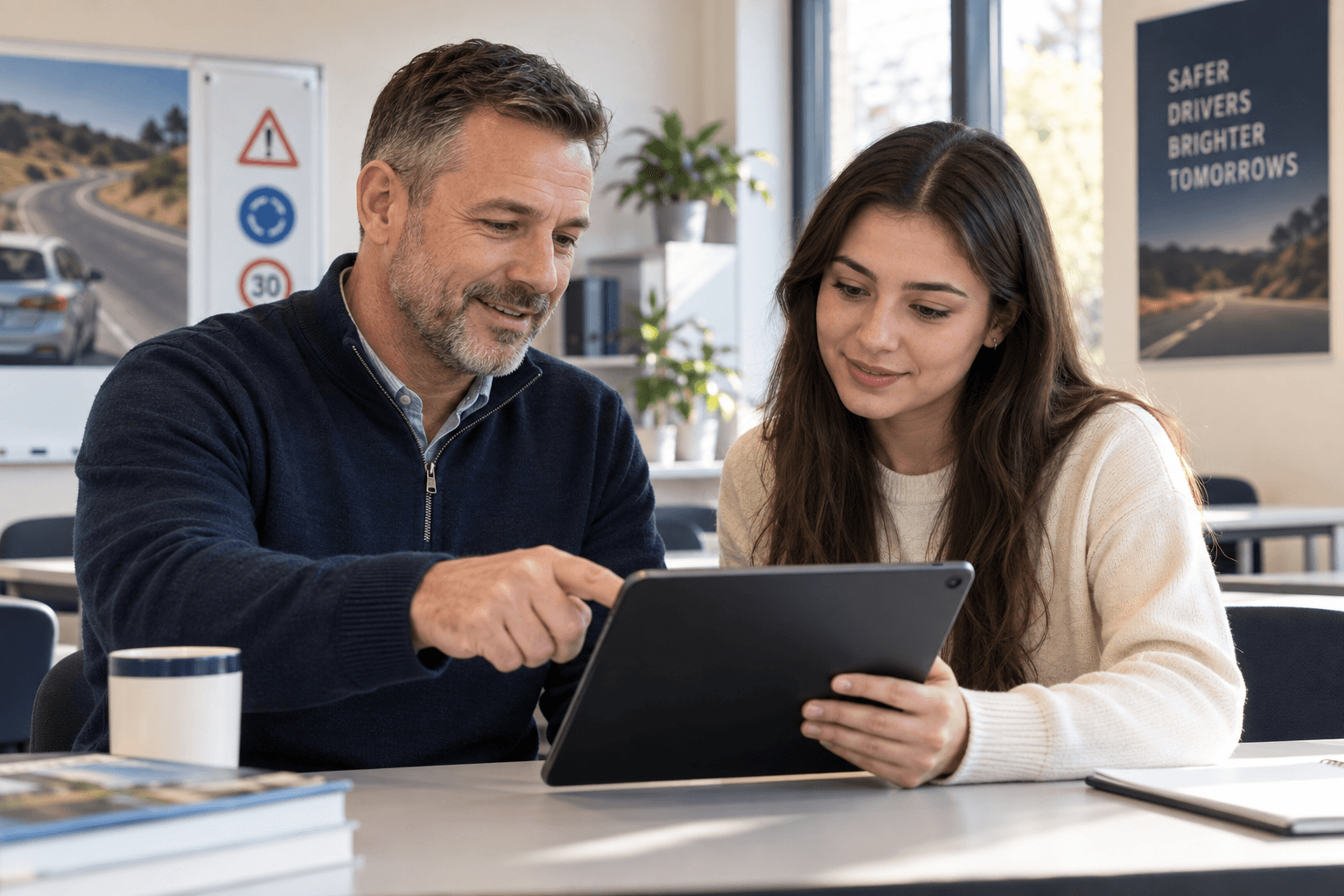 An instructor reviewing course material with a student